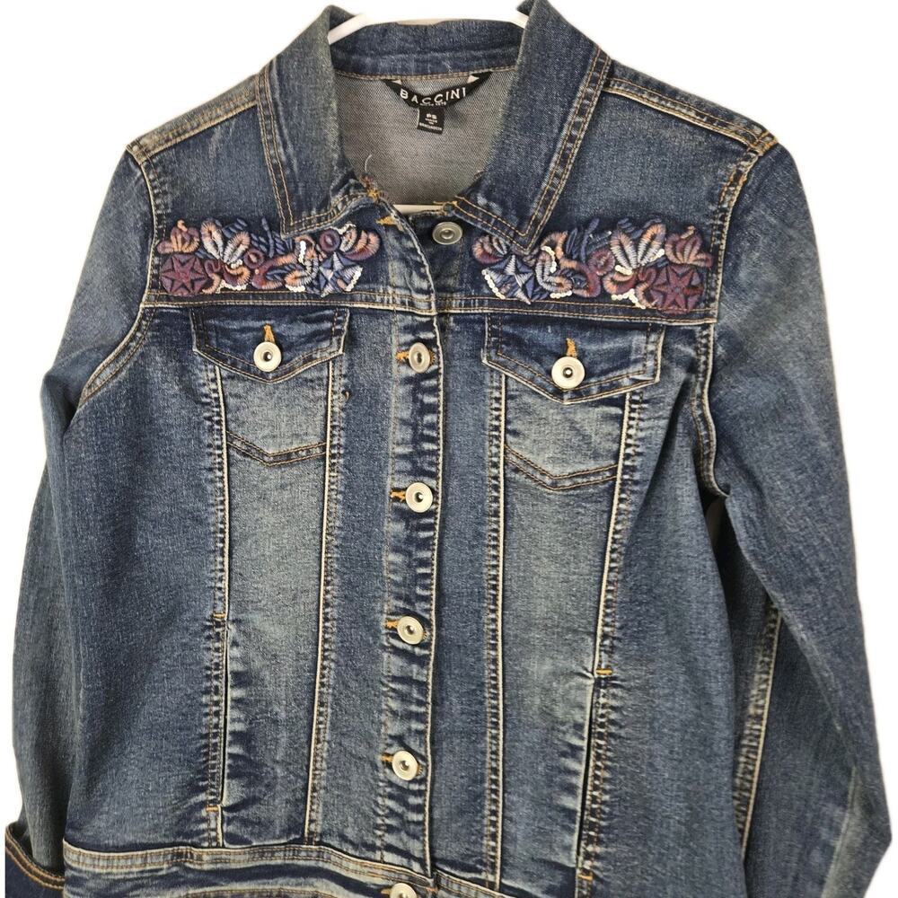 BACCINI Women’s Denim Jean Jacket Pockets Buttons Embroidered PS Boho Hippie Flo